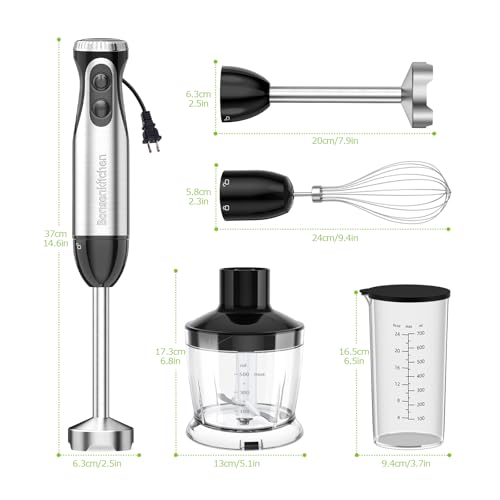 Bonsenkitchen Immersion Blender Handheld with Food Processor, 20 Speeds Hand Blender with Turbo Mode, Stainless Steel Blade, Egg Whisk, Beaker & Chopper Bowl, Hand Mixer for Smoothie, Soup, Baby Food - Image 3