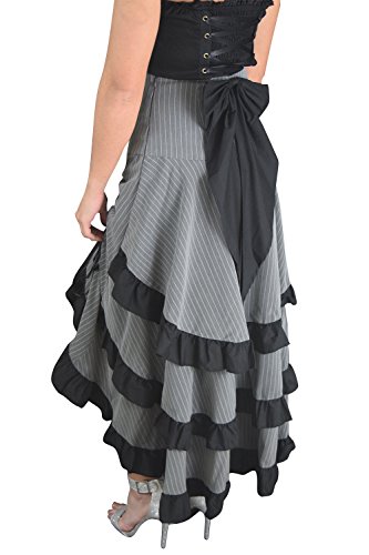Gothic Victorian High Low Bustle Skirt – Pinstripe Tiered Steampunk Long Maxi Skirt with Ruffles and Bow Skirt