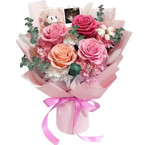 Ramo de flores preservadas decorativo con oso, ideal para mesita de noche o salón