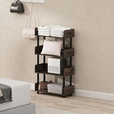 Furinno Turn-N-Tube 4-Tier Black Storage Shelves with Side Panels, Book Shelf, Display Shelf, for Organization and Storage, Living Room, Home Office, Black Walnut