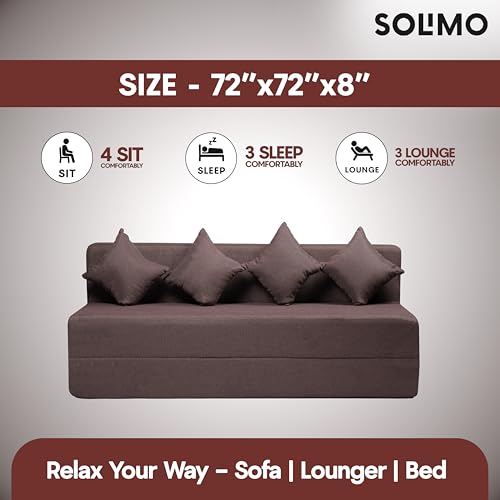 Image of Amazon Brand - Solimo 4 Seater 6 * 6 Jute Fabric Washable Cover Sofa Cum Bed with 4 Cushions 4 Seater Double Foam Fold Out Sofa Cum Bed (Finish Color - Brown Delivery Condition - Pre-Assembled)