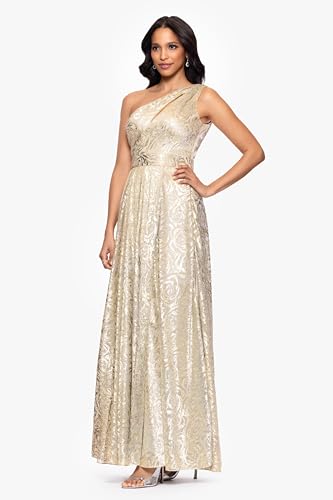 Image of Betsy & Adam Women's Floor-Length, One-Shoulder, Wrap, Foil, Floral Gown, Champagne /Gold, 8