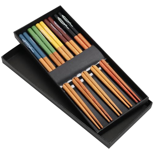 Set de 5 Pares de Palillos de Madera Reutilizables y Aptos para Lavavajillas, Diseño Colorido y Sostenible, Ideal para Cocina Asiática, Incluye Elegante Caja de Regalo