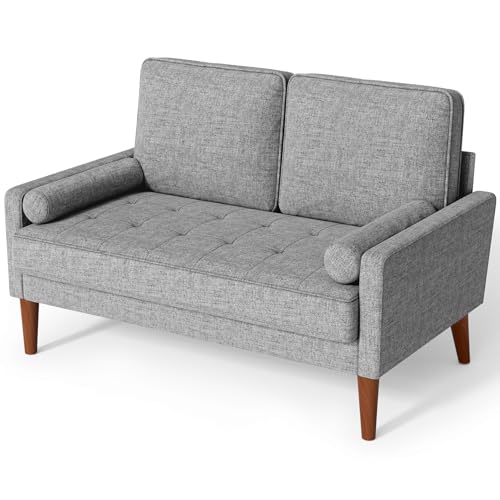 Vesgantti Sofa 2-Sitzer, 121 cm Modernes Couch 2 Sitzer mit 2 Wurfkissen, Kleine Stoffcouch mit Armlehne, Knöpfe Sitzkissen Gästesofa für Wohnzimmer/Wohnung/Büro, Lichtgrau