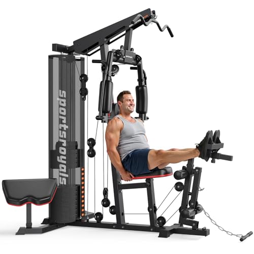 Sportsroyals Home Gym Equipment, 150LBS Weight Stack, Full Body Workout Machine with Pulley System for Strength Training With Leg Press, Black+Red