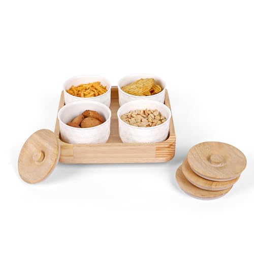 Image of mzon Airtight Ceramic Storage Jars With Rubber Wood Revolving Tray | Bone-Ash Free | Home, Kitchen Table Decor | Wooden Lid | Dry Fruits, Snacks, Spices | Made in India - Set of 4 (250 ml)