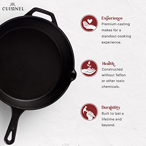 Image of Cuisinel Cast Iron Skillets Set - 10 inch + 12 inch-Inch Pre-Seasoned Frying Pans + Removable Silicone Handle Holder Grips + Pan Scraper - Oven-Safe Cookware Kit + Accessories + Handle Helper