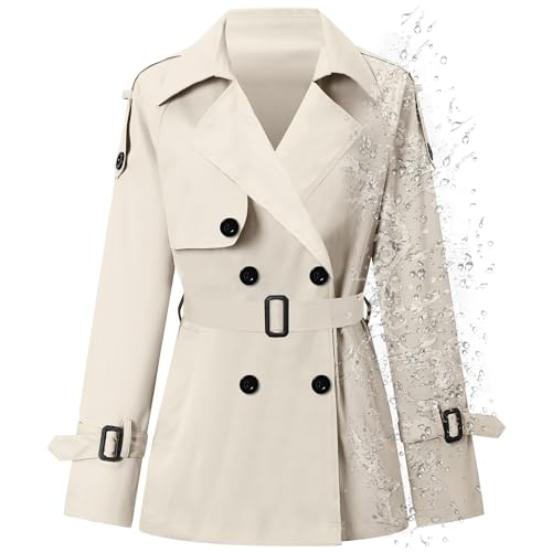 Betusline Women's Double Breasted Short Trench Coat with Belt, Off