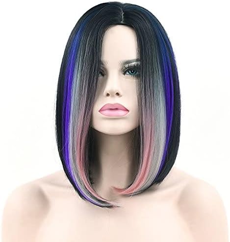 IMISSU Short Natural Hair Bob Wigs Cosplay Wigs Ombre Color Halloween Costume Party Wig for Women (Pink Grey Purple)