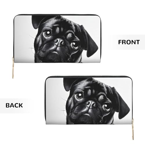 Leather Wallet for Women Ladies Novelty Printed Around Zipper Long Wallet Phone Purse Credit Card Holder, Cute Black Pug Dog3