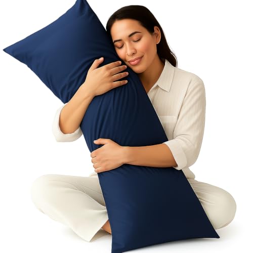 Image of 100% Cotton 600 TC Body Pillow Cover - Ultra Soft & Breathable Long Pillowcase | Zipper Closure | 20 inchx54 inch |Navy Blue | Ideal for Pregnancy, Side Sleepers & Full Body Support