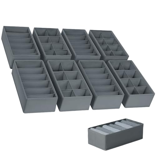 Organizador Ropa Interior Cajones, Juego de 8 Organizador de Armario con Compartimentos, Plegable Ropa Interior Organizador de Armario, Separadores de Cajones de ropa interior Tela No Tejida(Gris)