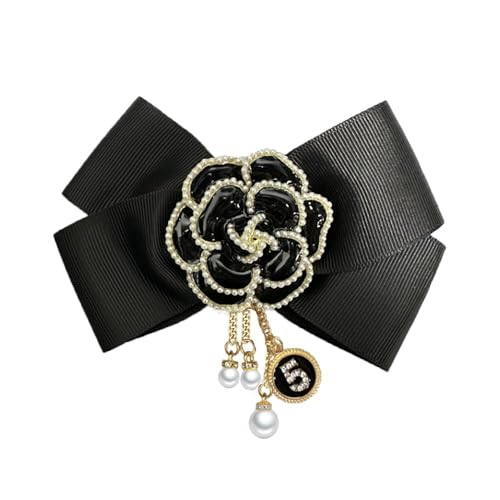 Broche épingle fleur de camélia pré-nouée grand nœud pompon pour femmes filles CZ fausse perle porte-bonheur numéro cinq chaîne pendante charme tissu épingles clip revers bijoux élégants cadeaux pour