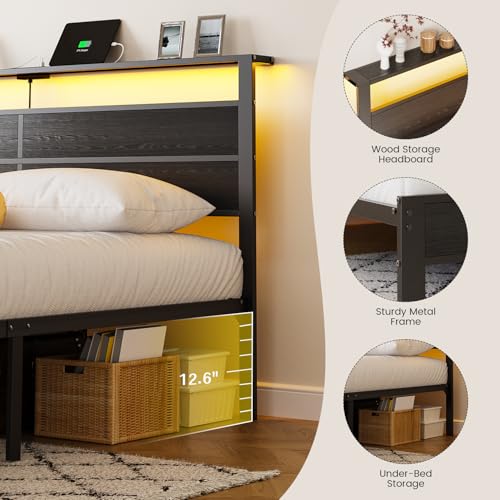 Image of Liians Queen Size Black Metal Bed Frame with USB Type-C Charging Headboard, Smart LED Lights, Noise-Free Platform Bed, No Box Spring Needed, Easy Assembly