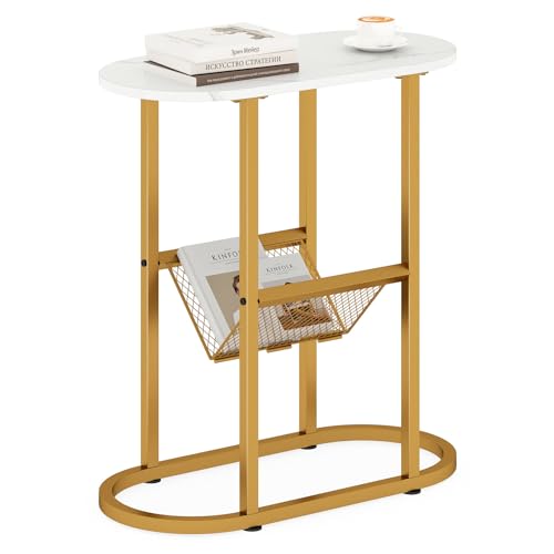 COSTWAY Mesa Auxiliar Estrecha, Mesita Auxiliar con Tapa de Mármol Imitación y Soporte para Revistas de Metal, Mesilla de Noche Estrecha para Espacios Pequeños, Sofá, Salón, Dormitorio (Blanco,1)