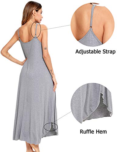Image of SWOMOG Women Long Nightgown Pajama Dress Soft Strap Nightdress Summer Sleeveless Nightshirt Lounge Dress with Pockets Grey Large