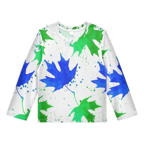 Blue Green Maple Leaf Splatter Rash Guard Shirt for Boys Sun Protection Shirt for Kids Toddlers UPF50+ 5-6T