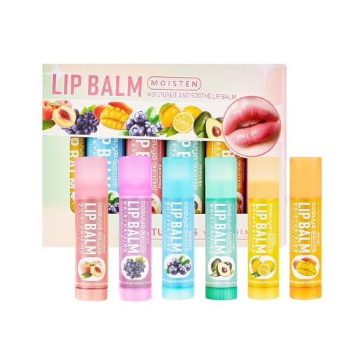 Lip Balm Gift Set, 6 Pcs Fruit Flavor Lip Balm Set for Dry Cracked Lips, Natural Organic Deep Moisturizing Vegan Lip Care Repair Cracked Dry Lips, Skin Care Gift Set For Teenager Girls