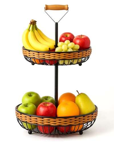 Frutero de ratán de 2 niveles con cestos extraíbles y elegante acabado negro de 45 cm 2
