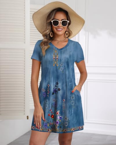 Image of COSSEN Women's Casual T Shirt Dress V-Neck Short Sleeves Swing Dresses Birthday Party Summer Travel Beach with Pocket