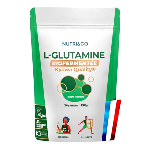 NUTRI & CO L-Glutamine en poudre Bio-fermentée Qualité Kyowa® – Végétale & 100% pure, 5000mg – Acide Aminé Musculation & Récupération – 150g Goût Neutre – Vegan – Fabriqué en France