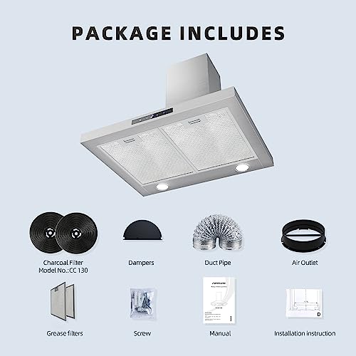 FIREGAS Dunstabzugshaube 60 cm, 335m³/h Wandhaube mit Touch-Bedienung und LED-Beleuchtung, Abluft und Umluft Dunstabzug mit 3 Leistungsstufen Energieklasse A, leise, Edelstahl