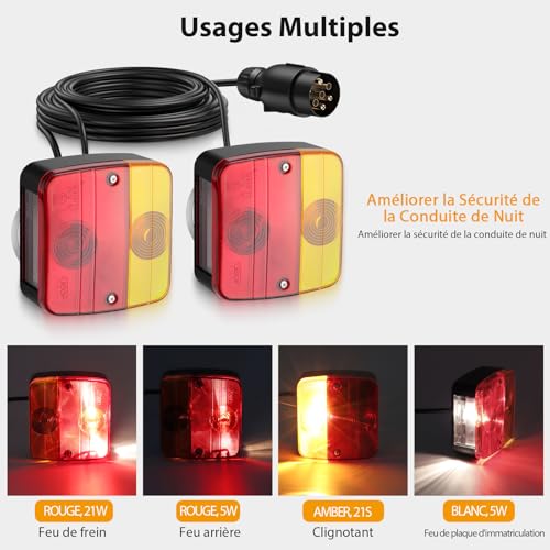Câble de feux remorque 12V avec 2 ampoules de feu arrière et kit magnétique pour plaque de signalisation - 5