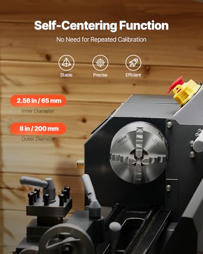 VEVOR 4-Jaw Lathe Chuck, 8 Inch (200 mm), Self-Centering Chuck with 1 1/2 in-8 Threaded Backing Plate, 0.16-7.87 in (4-200 mm) Clamping Range with T-wrench Screws, HT300 Material, for Wood Metal Lathe