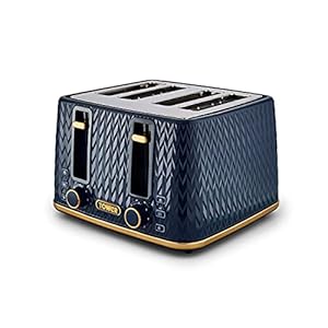 Tower T20061MNB Empire 4-Slice Toaster with Defrost/Reheat, Removable Crumb Trays, 1600W, Midnight Blue and Brass