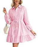 YEXPINE Women Striped Shirt Mini Dress Long Sleeve Button Down Lapel Collared Ruffle Hem Tunic Belted Dresses Pink