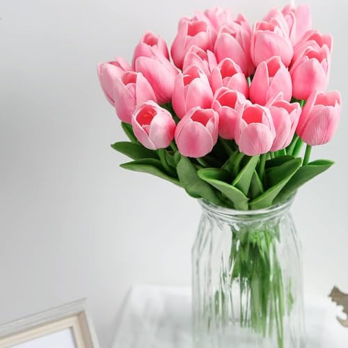 Image of TIED RIBBONS 5 Pcs Artificial Tulip Flowers Bunches for Vase (Pink, 34 Cm) Home Decoration Items for Living Room Corner Table Top Bedroom Wedding Party Decorative Gift (Vase Not Included) - Silk