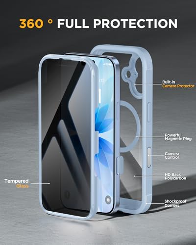 Image of Miracase for iPhone 17 Case with Privacy Screen Protector, Light Blue | Compatible with MagSafe, 360 Full Body Protection, Full Camera Protection, Military-Grade Shockproof Phone Case 6.3 inch