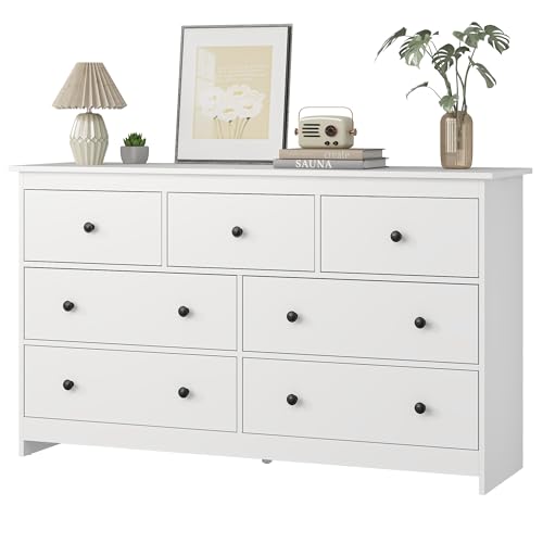Image of JOZZBY 7 Drawer Dresser for Bedroom, 55 Inch White Wooden Large Dresser with Golden Handles, Modern Chests of Deep Drawers Organizer for Home Office, Hallway