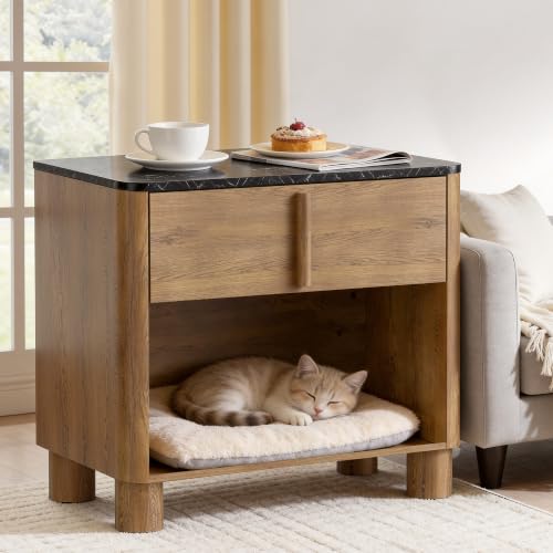 Image of Nightstand Set of 2, 27 inch Wide Faux Marble & Wood Bedside Tables with Drawer and Open Shelf, Modern Curved End Tables with Rounded Body and Cylindrical Legs for Bedroom and Living Room,Walnut