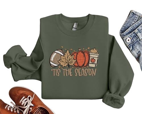 Embroidered Pumpkin Spice Latte Sweatshirt – Tis The Season Fall, Thanksgiving Embroidered Shirt, Cozy Autumn Touchdown Football Sweatshirt, PSL Gift for Her3
