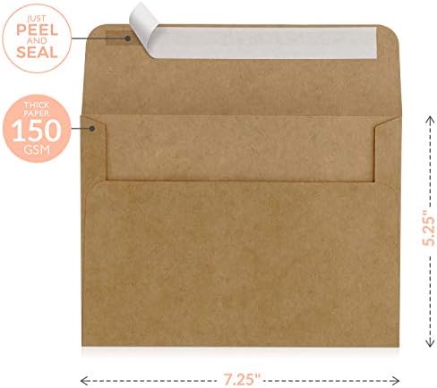 Sweetzer & Orange, Kraft Envelopes Self Seal. 50x Envelope with Box. Mailing Envelopes 5x7 (True 5.25 x 7.25 in.) Brown 150gsm Self Sealing Envelopes, Blank A7 Envelopes for Invitations and Wedding
