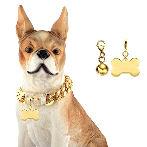 Gold Chain Dog Collar with Diamond Buckle Bell & Bone Tag 15mm Stainless Steel Chain Collars Cuban Link Dog Collar Designer Bling Puppy Necklace (15mm, 20″) Gold Chain Dog Collar with Diamond Buckle Bell & Bone Tag 15mm Stainless Steel Chain Collars Cuban Link Dog Collar Designer Bling Puppy Necklace (15mm, 20″)