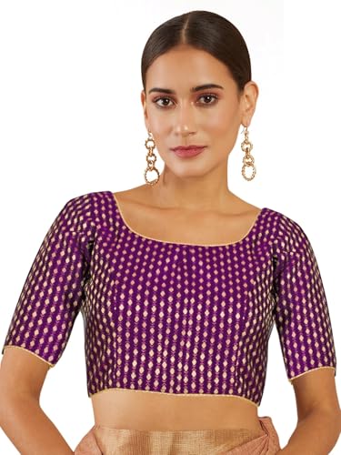 Chandrakala Women's Readymade Saree Blouse Elbow Length Sleeves,Wine Gold, Large