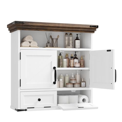 HOTLUU Bathroom Wall Cabinet Farmhouse Medicine Cabinet with Door 8.9D x 25.6W x 24.8H Wall Mounted Bathroom Cabinet with Adjustable Shelf Wall Storage Cabinet for Laundry Room & Kitchen(White)