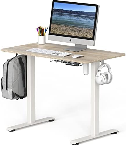 SHW Height Adjustable Electric Standing Desk, 40 x 22 Inches Stand up Table, Ergonomic Home Office Desk with Memory Controller, White Frame and Maple Top