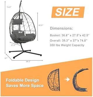 Hanging Egg Chair with Stand Egg Chair Indoor Outdoor, Patio Swing Hammock Egg Chairs, UV Resistant Removable & Washable Thicken Padded Cushions, 350LBS Capacity for Bedroom, Balcony, Garden