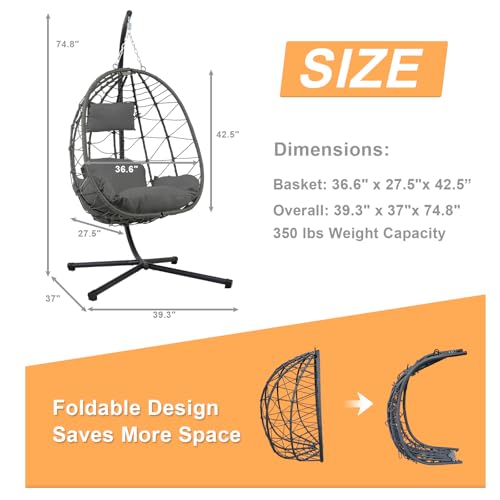 Hanging Egg Chair with Stand Egg Chair Indoor Outdoor, Patio Swing Hammock Egg Chairs, UV Resistant Removable & Washable Thicken Padded Cushions, 350LBS Capacity for Bedroom, Balcony, Garden