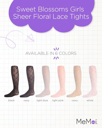 MeMoi Sweet Blossoms Sheer Tights for Girls, Ultra Soft and Lightweight Floral Lace Girls Tights - Sizes 2-142