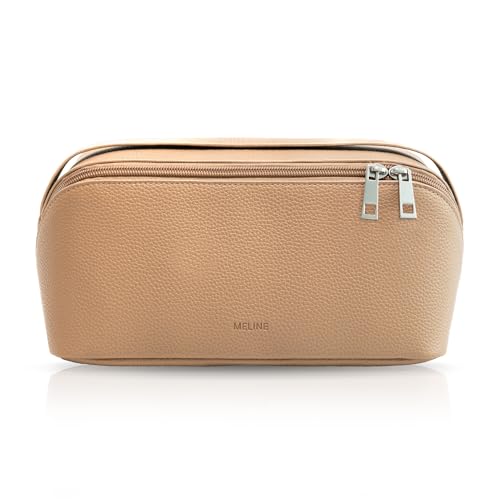 MELINE Travel Makeup Bag – Large Capacity Cosmetic and Toiletry Organizer with Divider and Handle, Waterproof Flat-Open Design, Portable Pouch for Women (Taupe) - Main Image