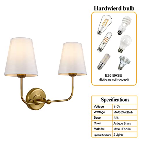 Passica Decor 2 Light Modern Armed Wall Sconce With 2Pcs Antique Brass Flared White Fabric Shade Double Gold Sconce For Bathroom Vanity Living Room Hallway Stairway Fireplace Farmhouse #TOP6