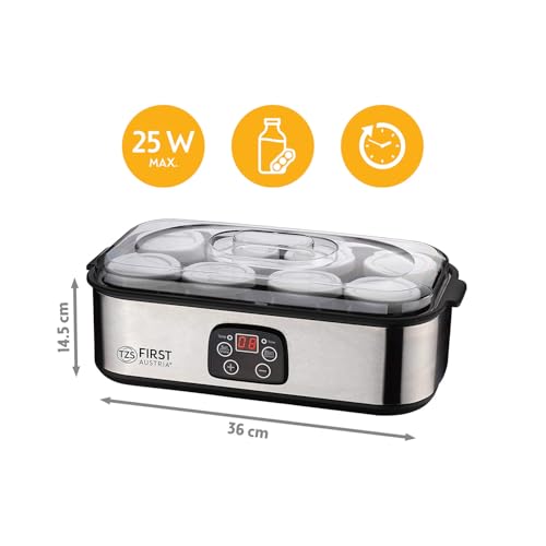 TZS First Austria - Yogurtera eléctrica 25W con 8 vasitos de vidrio de 180 ml para hasta 1,4L de yogur casero - Con temperatura de 20-55°C, apagado automático y pantalla LCD - Blanco - imagen 2