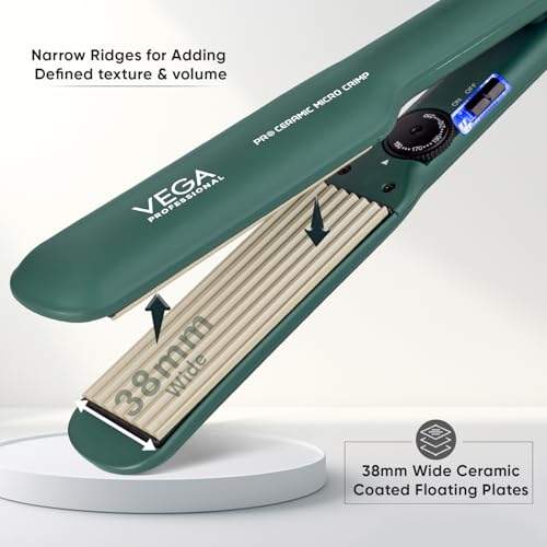 Image of VEGA PROFESSIONAL Pro Ceramic Micro Crimp Hair Crimper with Ultra Fast Heatup, 5 Temperature Settings, 60 Min Auto Switch Off for Salon, Professional Hair Crimper, Green (VPPMS-11)