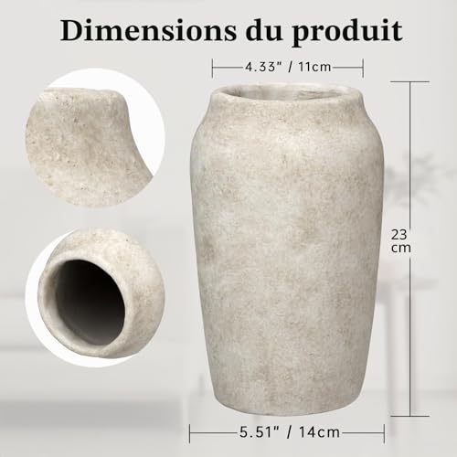 Vase en ciment avec ouverture 10,9 cm, le grand format rustique vintage