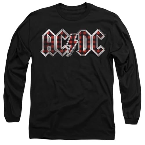 AC/DC Plaid Logo Mens Long Sleeve T Shirt, Black, Small