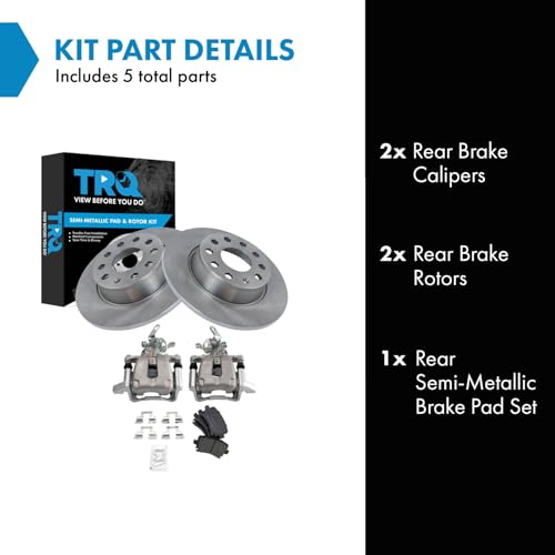 Image of TRQ Rear Brake Pad and Rotor Set Semi Metallic Coated Rotors Calipers Compatible with 2010 Volkswagen Golf Jetta
